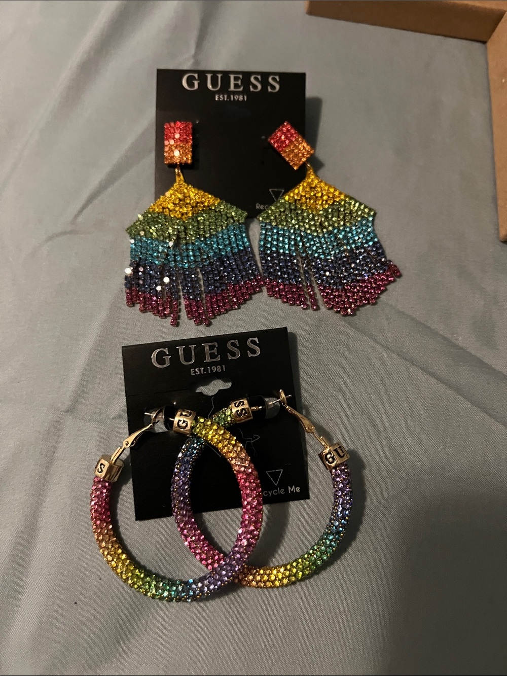 GUESS Multicolor Crystal Fringe Dangle Earrings with Matching Hoop Set